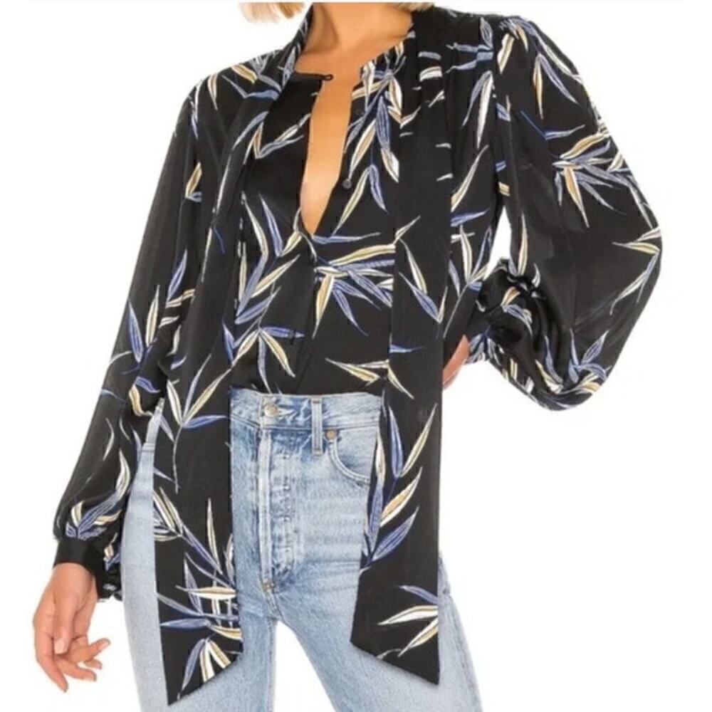 Equipment Cleone Top Floral Printed Satin Tie Neck Long Sleeve Shirt Blue XS